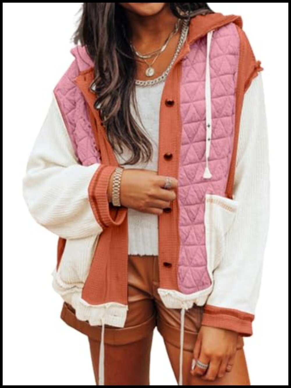 Quilted Patchwork Hooded Shacket Loose Fit Waffle Knit Jacket